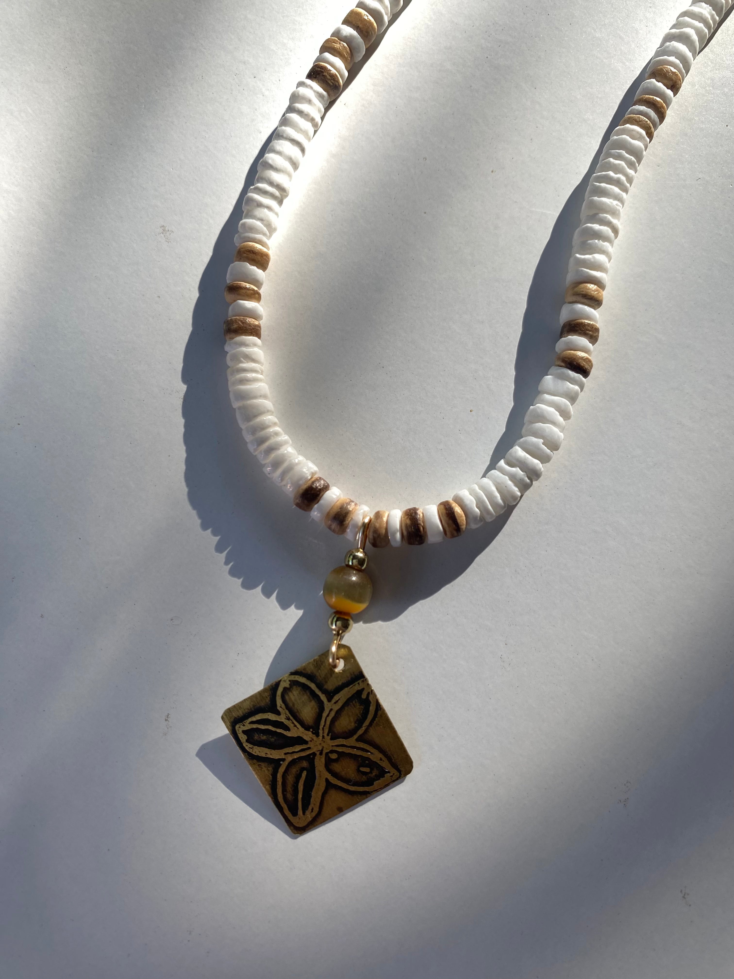Flower Pendant + Organic White Puka Shell necklace