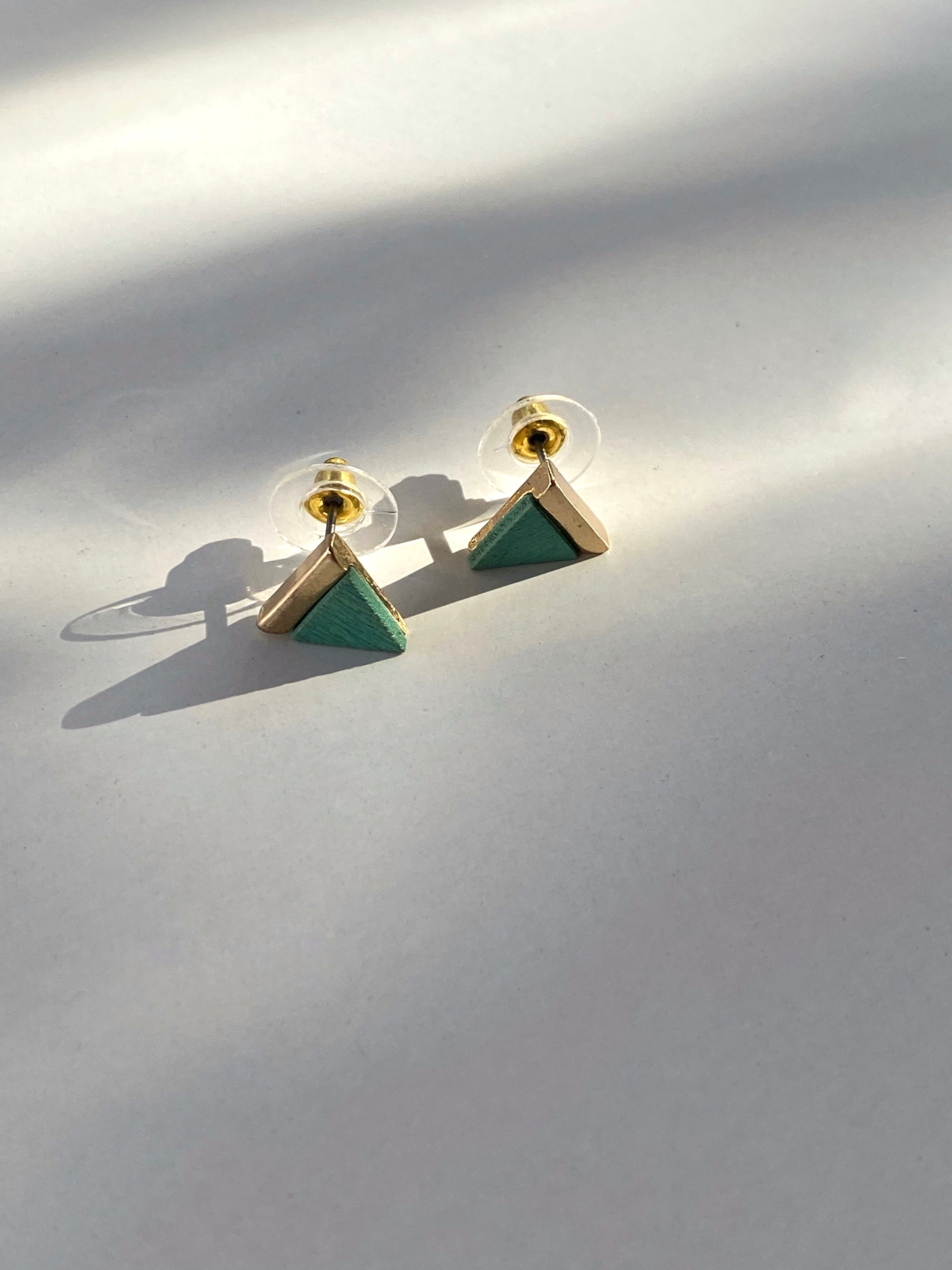 Teal Wooden + Gold Triangle studs