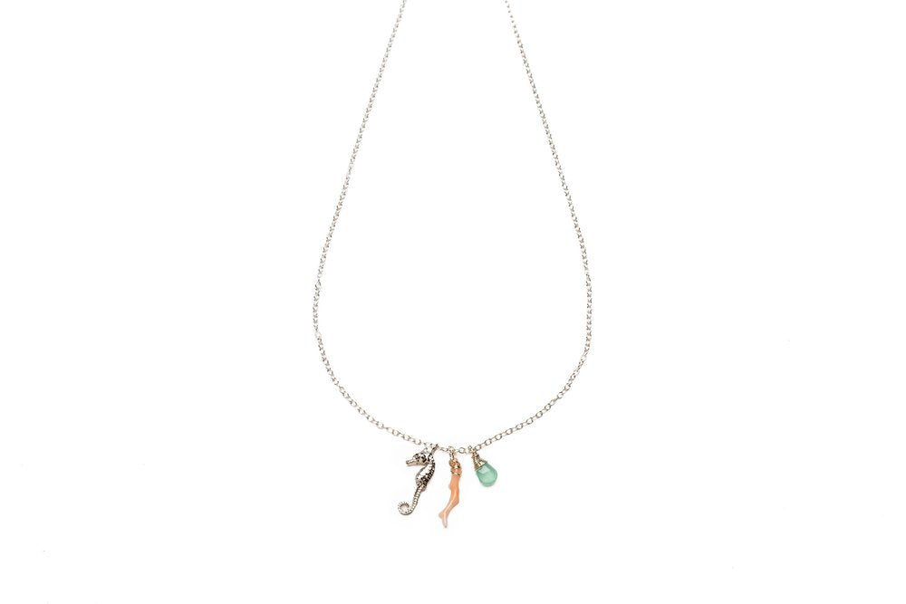 Petite Seahorse, Coral + Seafoam Charm necklace