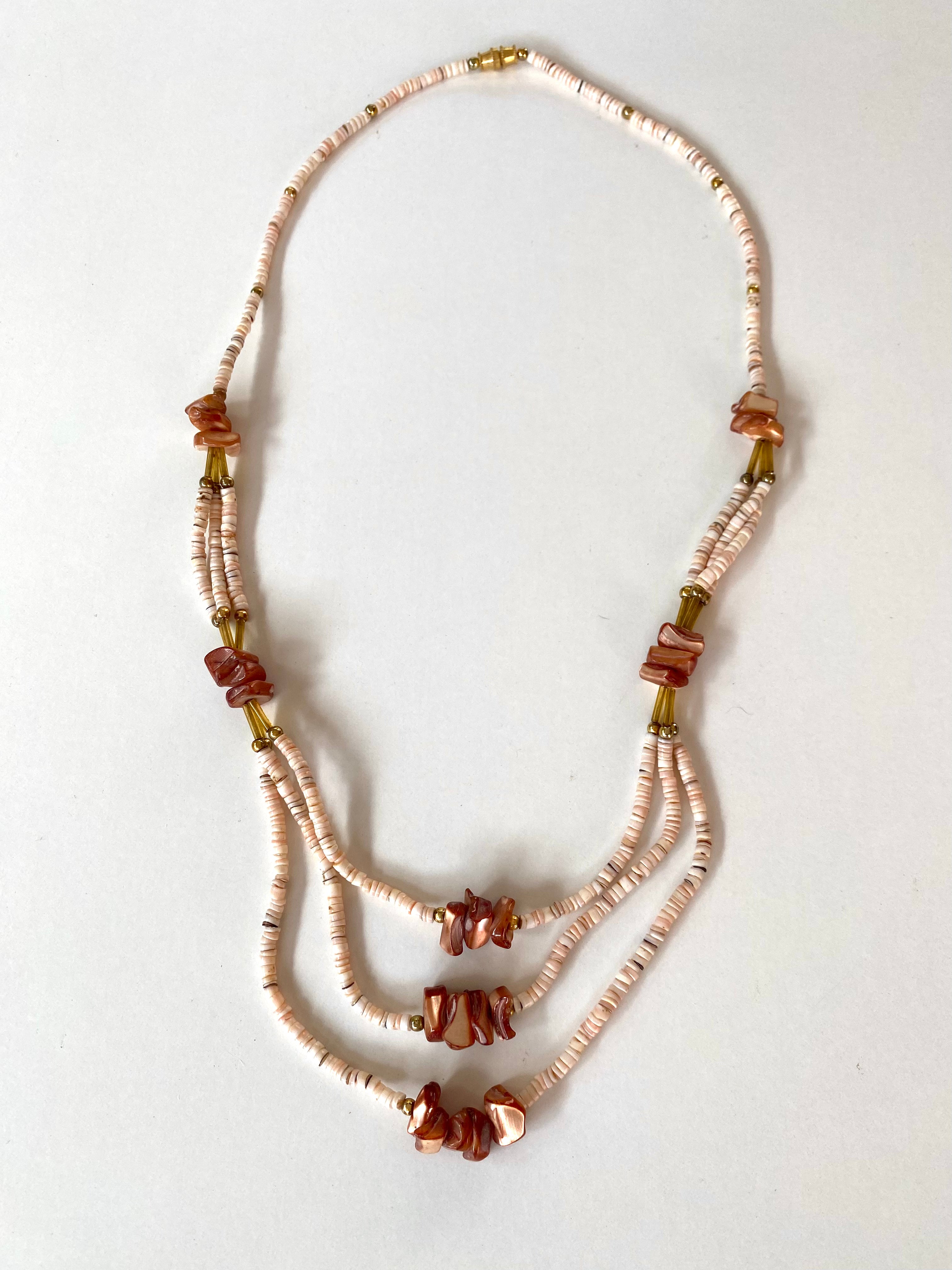 Red Abalone + Puka Shell Trio Layered beaded necklace