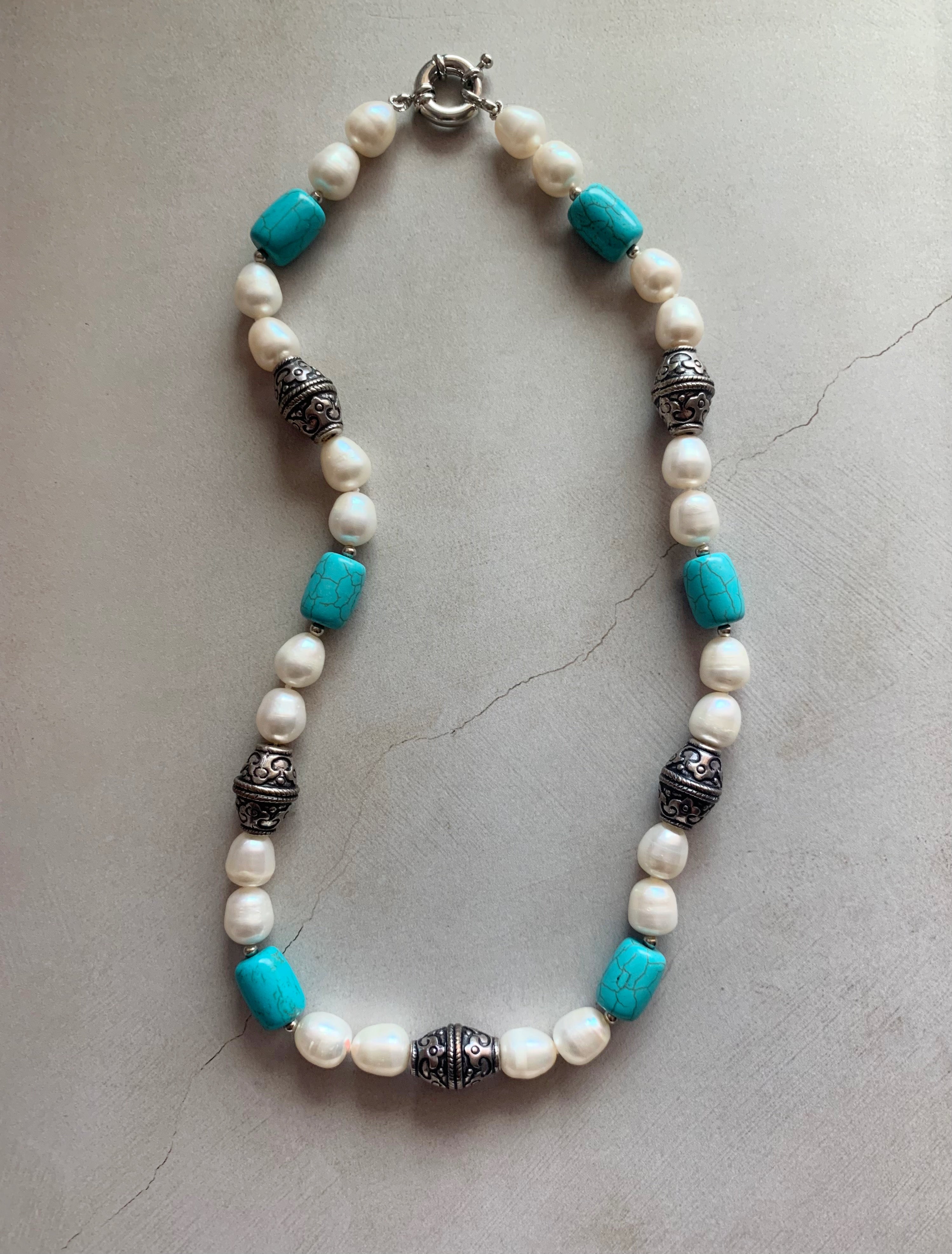Semi-Chunky Turquoise, Silver + Pearl necklace