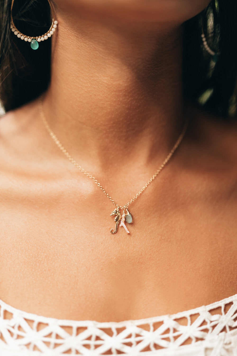 Petite Seahorse, Coral + Seafoam Charm necklace